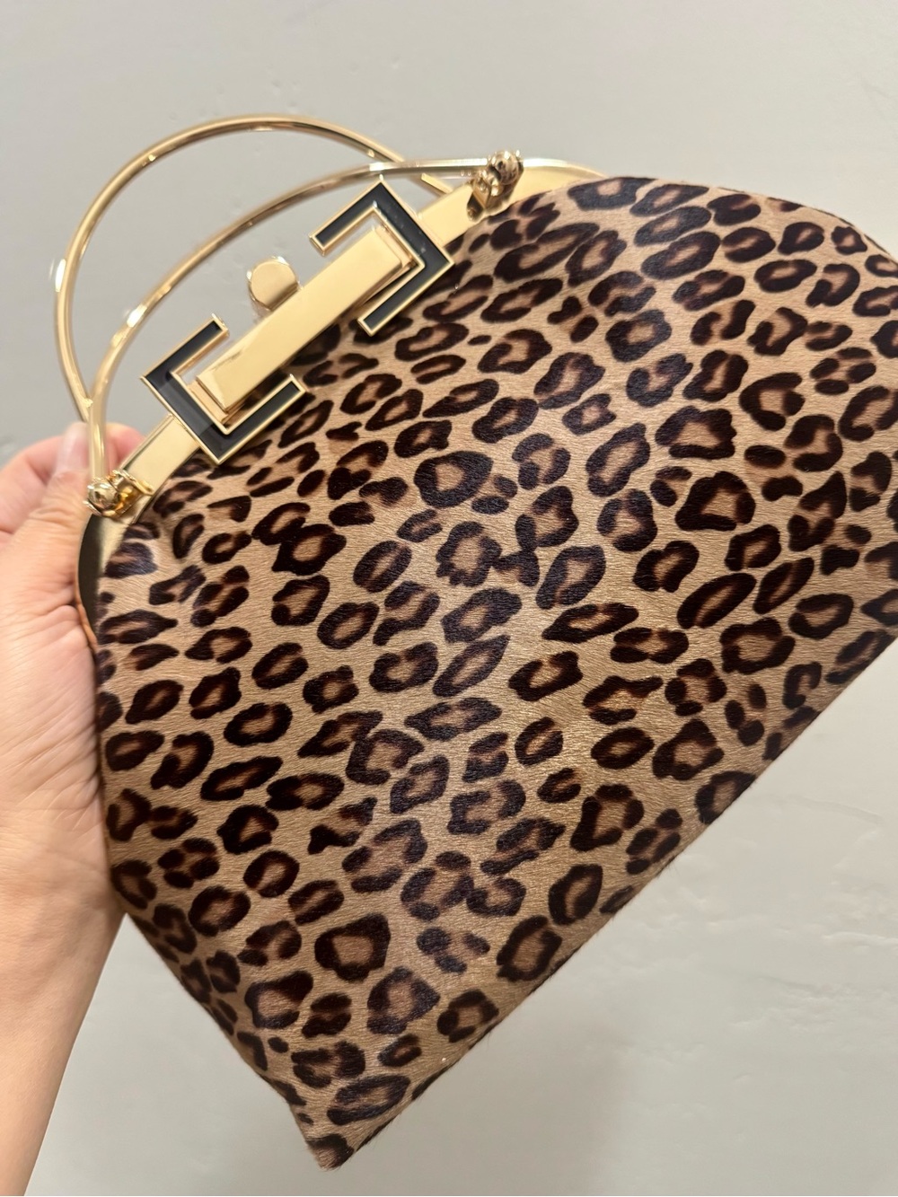 Leopard Print Handmade Real Hair-on Horsehide Top Handle, Push Lock Frame Bag - Picture 14 of 16